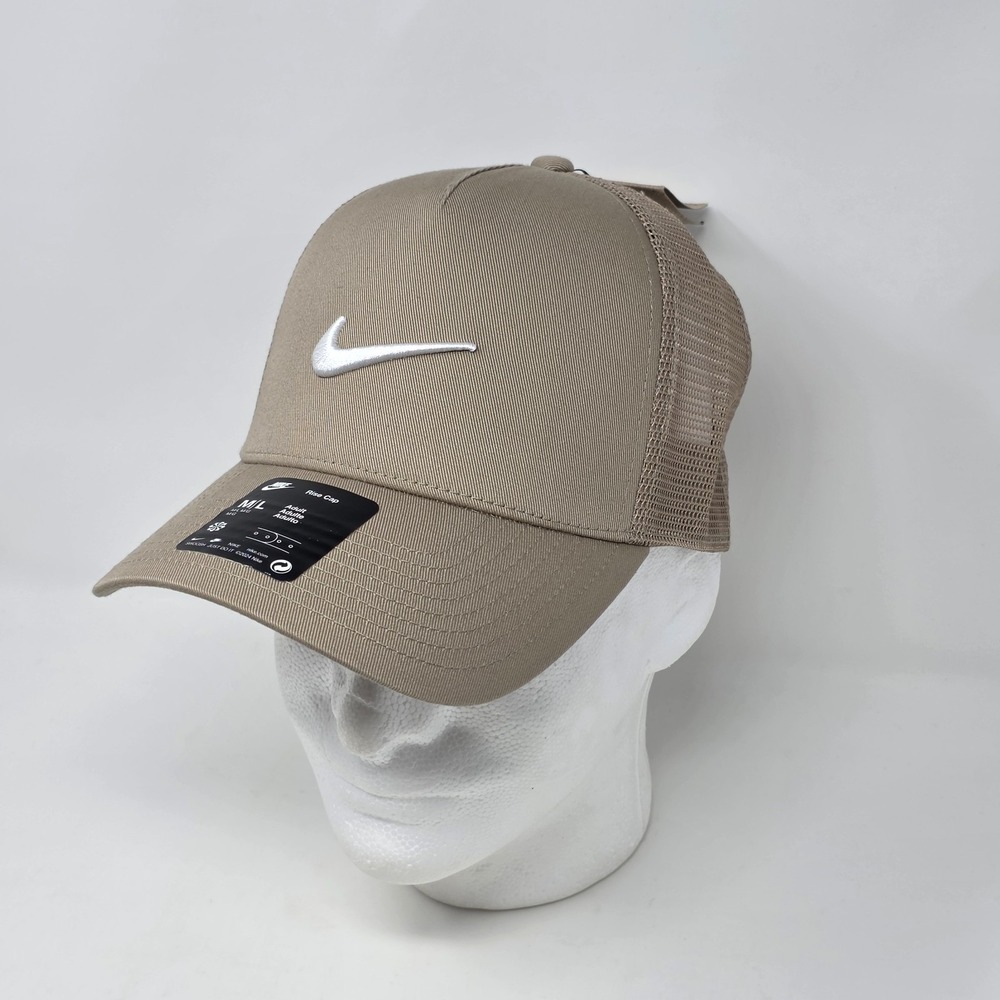 Nike Rise Structured Trucker Cap Hat Khaki Size M/L Unisex White Swoosh Mesh